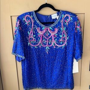 Vtg New w Tag Exclusive 100% Silk All Over Beaded Cobalt Blue Link Evening Top M